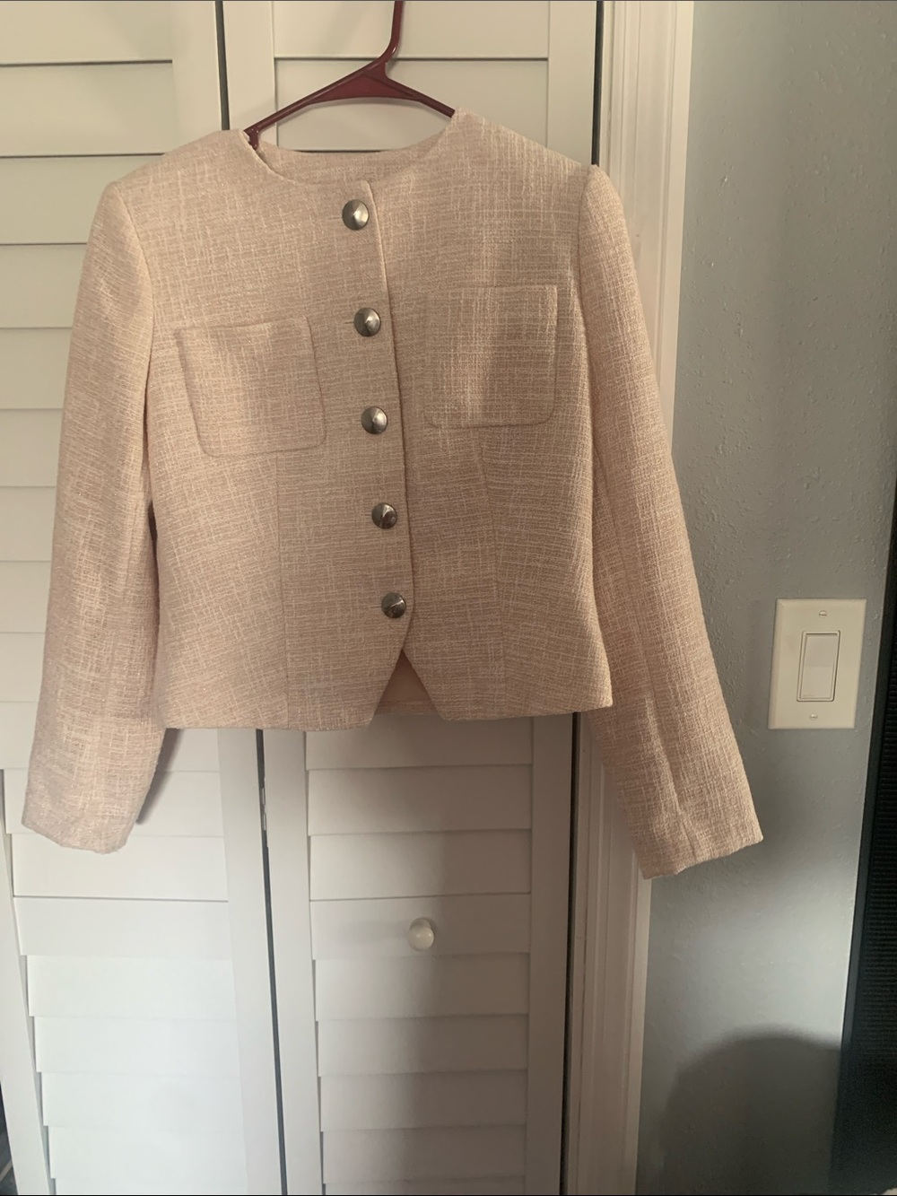 Donna Karan Cream Textured Button-Front Cropped Blazer